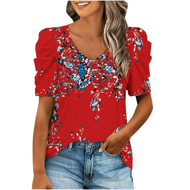 Tops Para Mujer Blusas Casuales Elegantes Camisas Blusa Estampada Con Cuello en V de Manga Corta Abullonada de Moda Odeerbi ODB155128