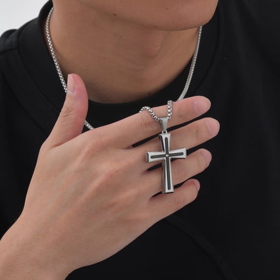 Grooved Inlay Cross Pendant Necklace For Men Women, 14K White Gold Filled High‑End Statement Jewelry