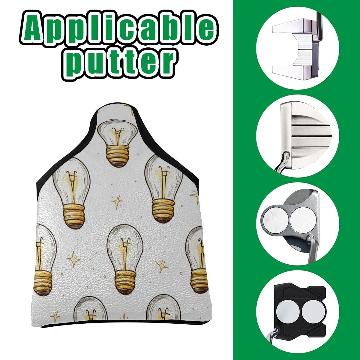 Golf Mallet Putter Cover Premium Leather Waterproof Golf Putter Head Cover with Magnetic Closure Light Bulb Pattern