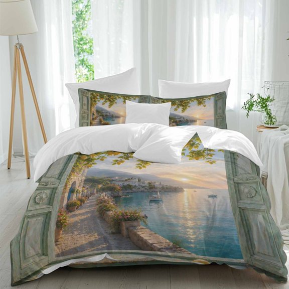 Coastal Scenic Comforter Set King Size, Open Window Coastline Sea Sunshine Tropical Soft Bedding Set for Man Woman, 4 Pieces Duvet Cover Set with Fitted Sheet, 2 Pillowcases