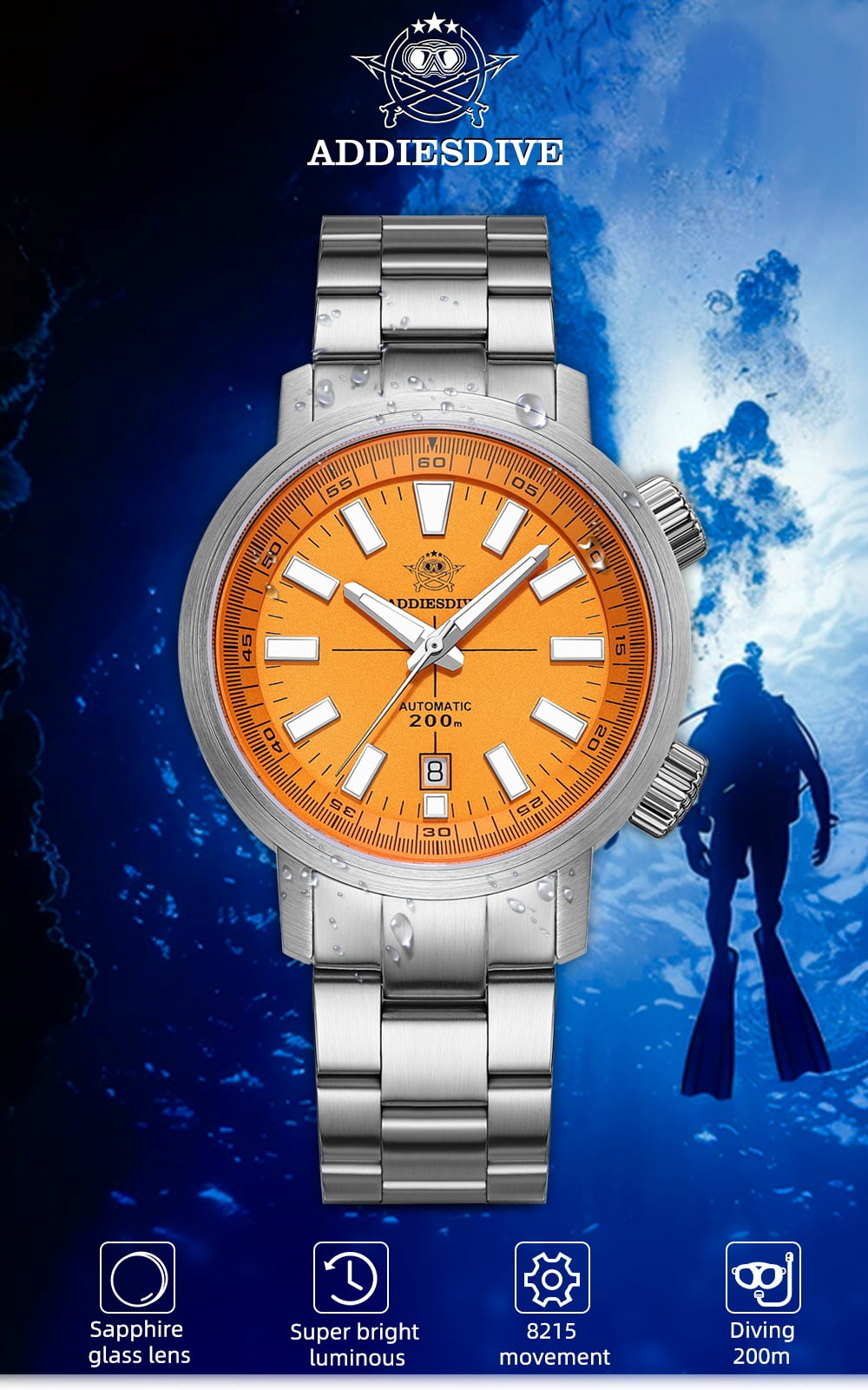 ADDIESDIVE Men's Automatic Watch Dive 200M Waterproof, Japanese Movement, Sapphire Crystal Stainless Steel Blue Luminous Mechanical Watches for Men