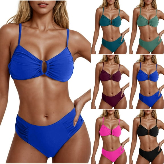 $15 & Under UTSJKR Women's Two Piece Bikini Set Ring Linked Ruched Underwire Bikini Bathing Suit Swimwear Set Swimming Suit Black L