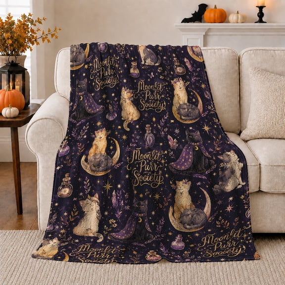 Moonlit Purr Society Enchanting Feline Fantasy Art, Mystical Pet Portrait Pattern, Warm Flannel Blanket for Living Room and Bedroom, Cat Lovers Thanksgiving Gift, Pet Lover Home Decor