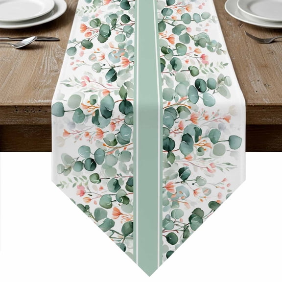 Eucalyptus Leaves Table Runner Linen Burlap Table Runner 60 Inches Long Watercolor Green Red Flower Plant Dresser Scarves for Kitchen Island Coffee Dining Party Wedding Banquet Holiday Decor 13"x60"