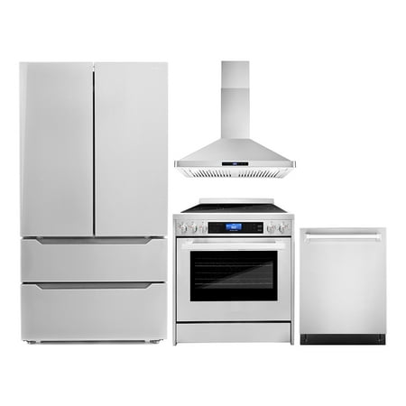 Cosmo 4 Piece Kitchen Appliance Packages with 30  Freestanding Electric Range 30  Wall Mount Hood 24  Built-in Integrated Dishwasher & French Door Refrigerator Kitchen Appliance Bundles