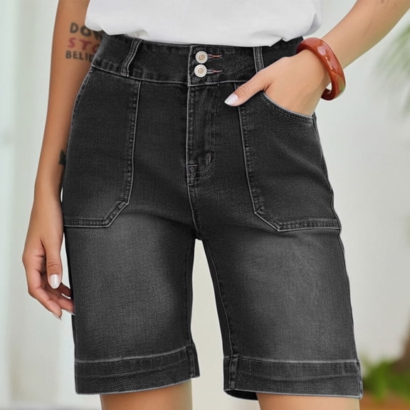 Cutuoiiu Womens Solid Color Denim Bermuda Shorts with High Waist and Patch Pockets for Summer Casual Wear Gifts