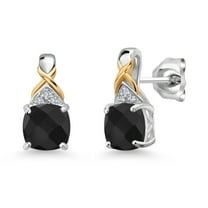 Gem Stone King 925 Sterling Silver and 10K Yellow Gold Black Onyx and White Lab Grown Diamond Earrings for Women (1.85 Cttw, Gemstone December Birthstone, Cushion Checkerboard 6MM)