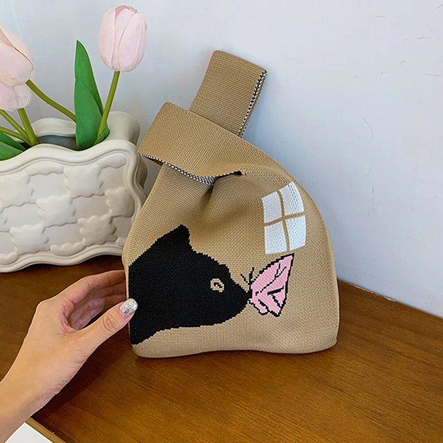 Mini Sac à Poignet Noué Mignon Sac Fourre-Tout Tricoté pour Femmes Sac à Main Poignée Décontractée Sac à Bandoulière Pochette pour Téléphone Clé Sac d'Étudiant Réutilisable
