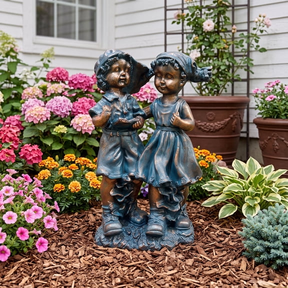 IJDD Boy and Girl Garden Statue Pair, Magnesium Oxide Children Yard Sculpture