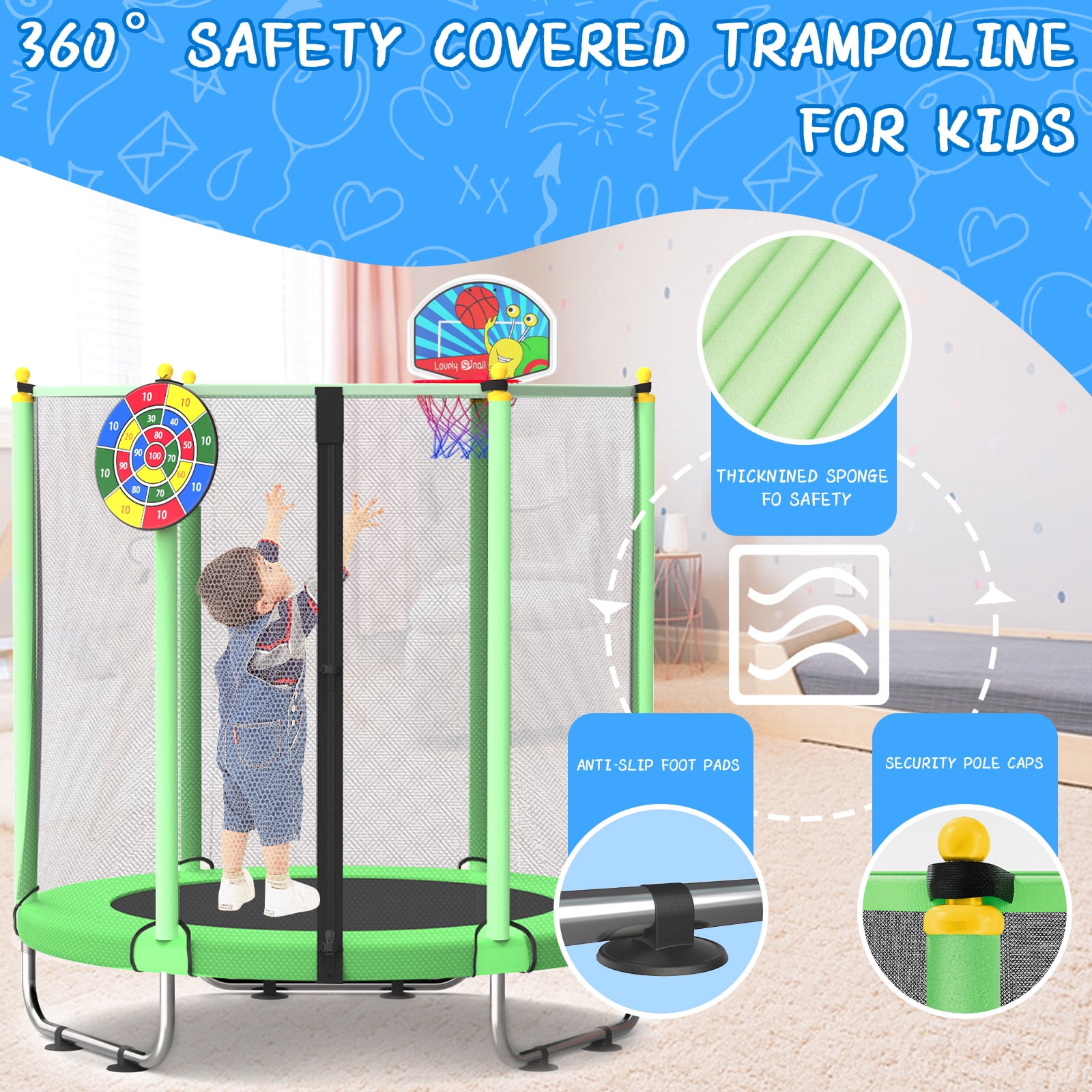 ACWARM HOME 5FT Toddler Trampoline For Kids 60" Mini Size Indoor&Outdoor With Safety Net Gift for Boys & Girls 440Lbs,Green