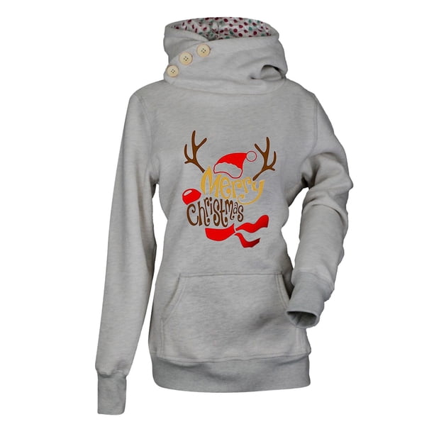 Suéter de color sólido con estampado navideño delgado con capucha informal para mujer a la moda Fridja fhghd3412