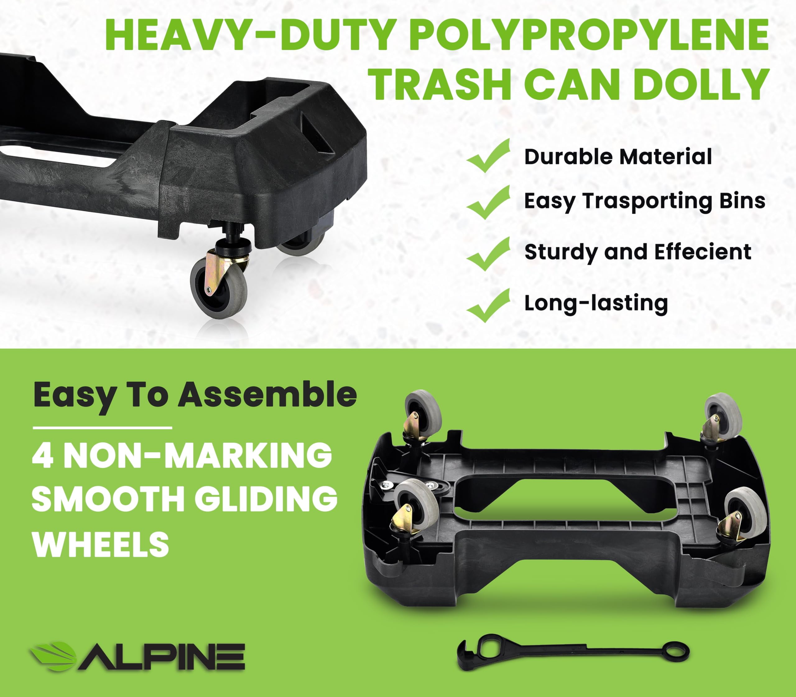 Alpine 16/23 Gallon Slim Trash Can Dolly - 4 Wheels Rectangular Plastic Rolling Garbage Can Dolly, Trash Can Wheels, Commercial Trash Can Cart - Holds Up to 200lbs (Black)