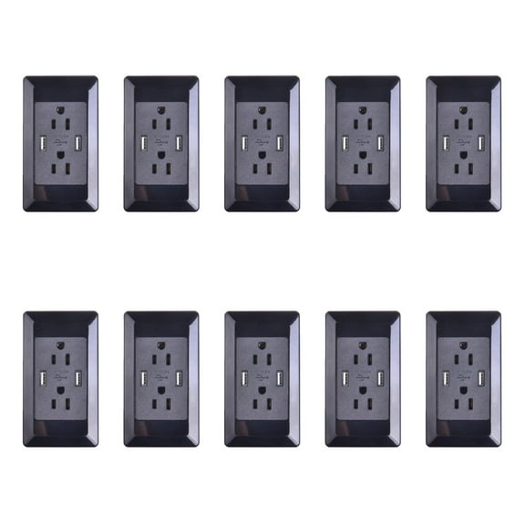 GREENCYCLE 10 Pack 2A Smart Dual USB Charger Wall Plate Outlet Socket 15A AC Power Outlet Charging Receptacle Black Adapter (ETL Listed)