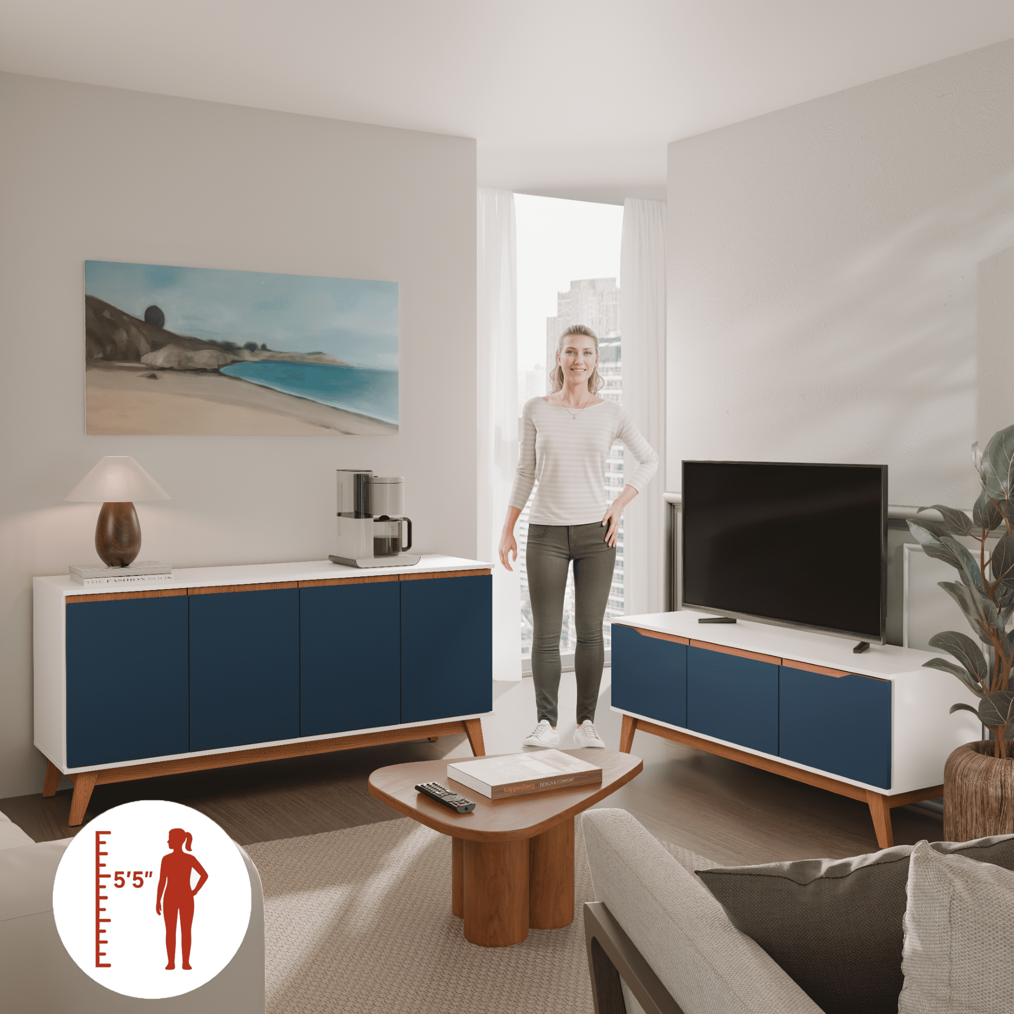 Kappesberg Living Room Furniture Set with 3-Door TV Stand and 4-Door Sideboard White/Blue – Modern Storage Combo