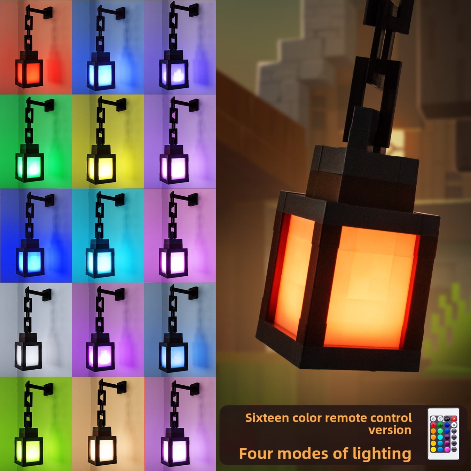 D.FAMILY  Pixelated Lantern LED Night Light for Night Use-16-Color Bedrooms Touch Switch&Remote Control