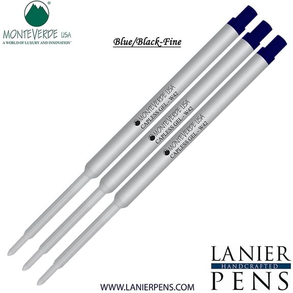 Lanier Combo Pack - 3 Pack -Monteverde Capless Ballpoint W42 Gel Ink Refill Compatible with most Waterman Style Ballpoint Pens - BlueBlack (Fine Tip 0.6mm)