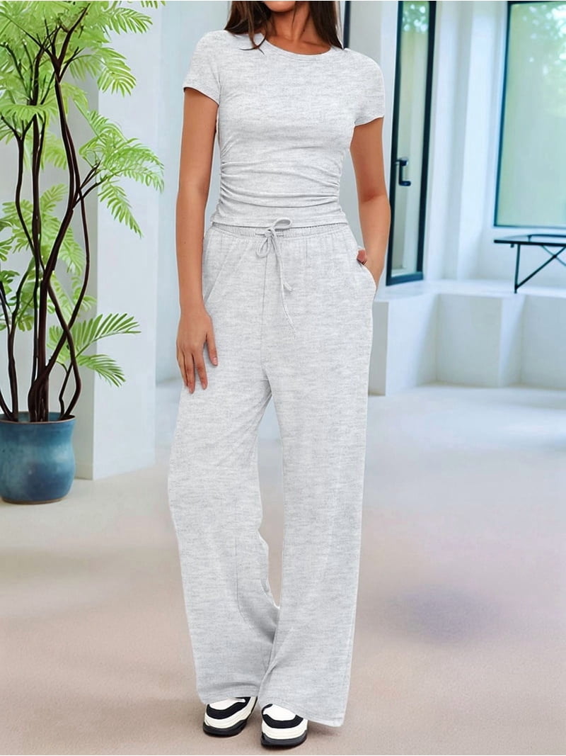 Women'S 2 Piece Set Outfits Lounge Sets Ruched Short Sleeve Tops