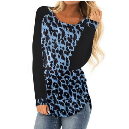 

HTNBO Women s Splicing Sleeve Shirt Crew Neck Casual Loose Fit Splicing Striped Leopard Print Tops White Corset Autumn Trends