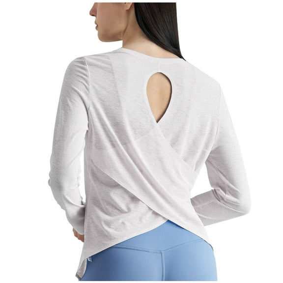Hrsba Womens Long Sleeve Round Neck Blouses & Shirts,Women Casual Tops Solid Color Crew Neck Long Sleeve Lightweight Open Back Yoga Fall Ladies Blouse