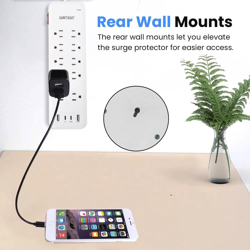 10-Outlet Surge Protector with 2 USB-C & 2 USB-A Ports, 2450 Joules, 6' Cord, LED Indicator – Power Strip for Home and Office Use by Watson(White)