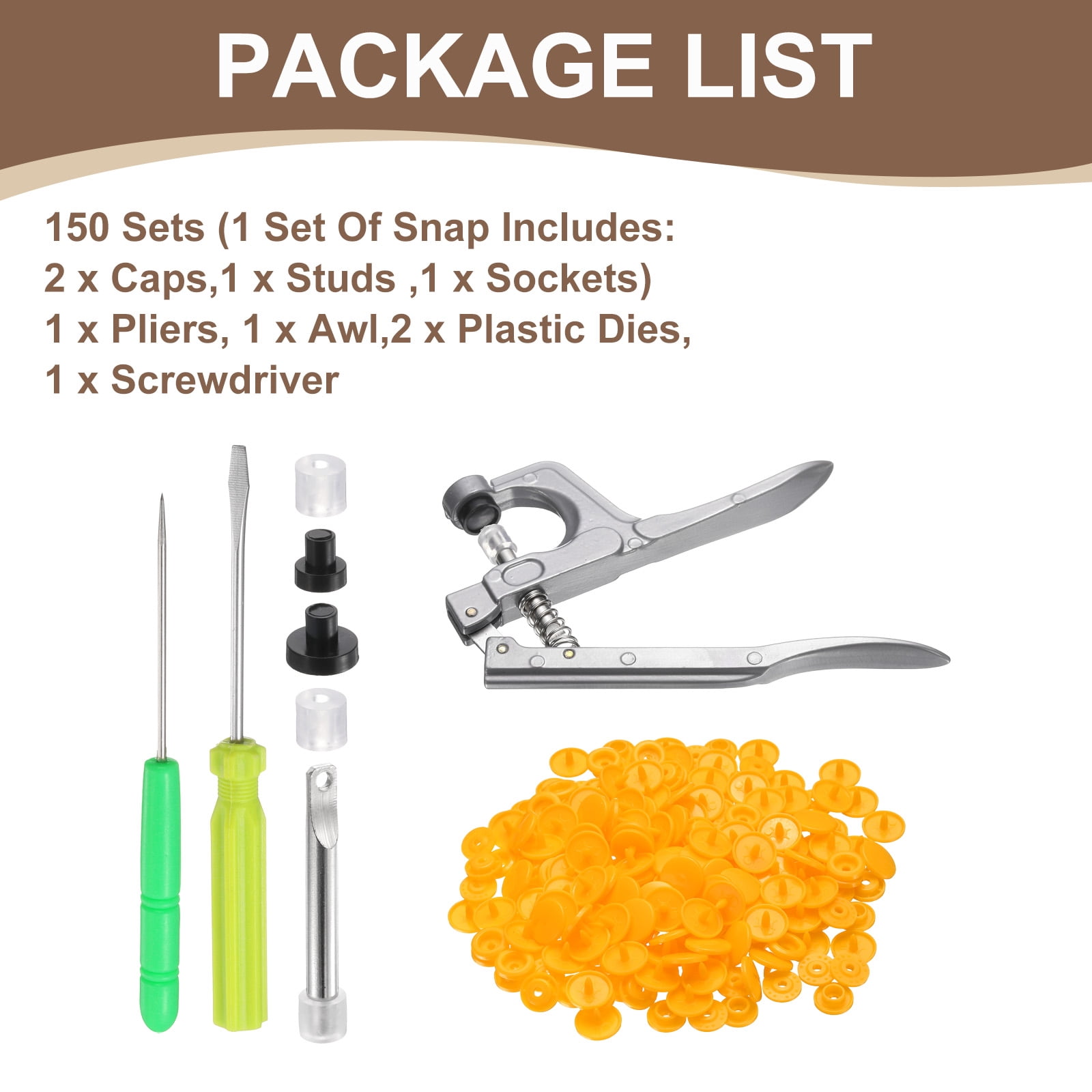 Uxcell Plastic Snaps Fasteners with Snap Pliers, 150 Set T5 Round Resin No-Sew Button Snap Fasteners Kit Orange