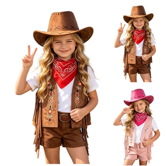 Faraee Toddler Western Cowboy Outfit Fringe Embroidered Vest Cowgirl Hat Bandana Costume for Girls Halloween RolePlay Themed Party 2t 3t 4t 5t 6t 0-15 Years
