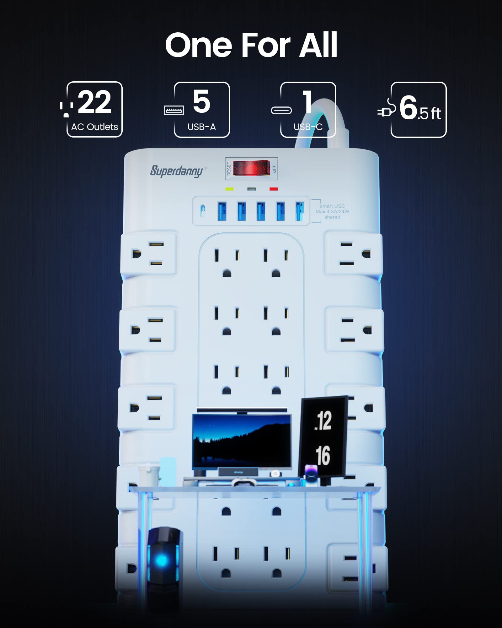 SUPERDANNY Surge Protector Power Strip with 22 AC Outlets and 6 USB Ports 6.5Ft Extension Cord White