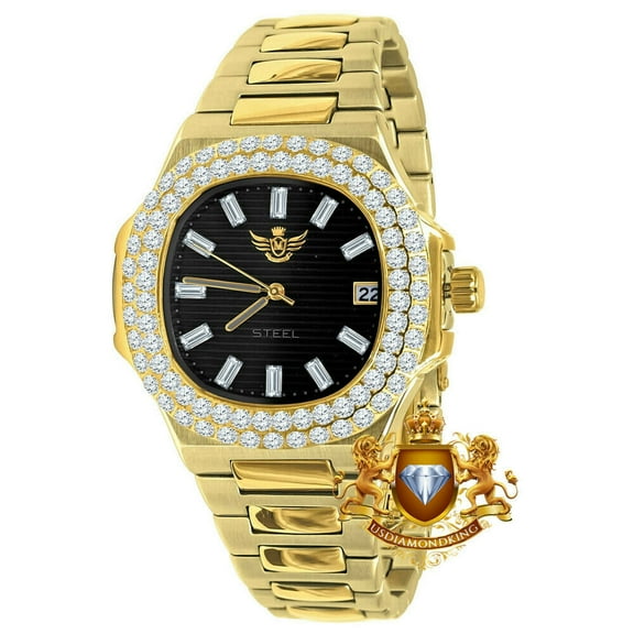 Men's Solid Steel Black Dial 18K Gold Finish Simulated Diamond 36mm Watch W/Date