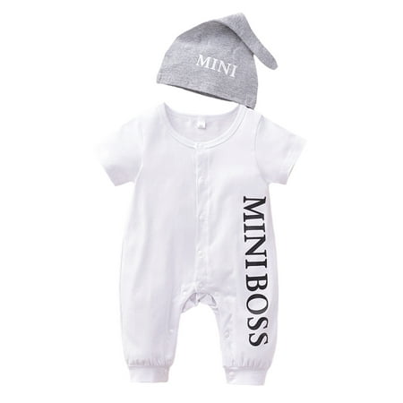 

uukiA 3-24 Months Unisex Toddler Baby Crew Neck Short Sleeved Letter Print Romper And Hat 2PCs Outfits Suit