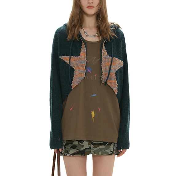 Franhais Women Fashion Cropped Sweater Stars Pattern Contrast Color Hooded Long Sleeve Pullovers