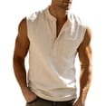 thumbnail image 4 of hotojiny Men's Linen Henley T-Shirt Sleeveless Half Buttons Casual Beach T-Shirts with Pocket Fashion Travel Muscle Fit Tops, 4 of 7