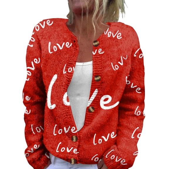 Fgvctg Valentine's Day Cardigan Sweaters for Women Fashion Open Front Cute Sweaters Casual Long Sleeve Coat Love Heart Print Cardigan Spring Button Down Sweater Plus Size Outfits Watermelon Red L