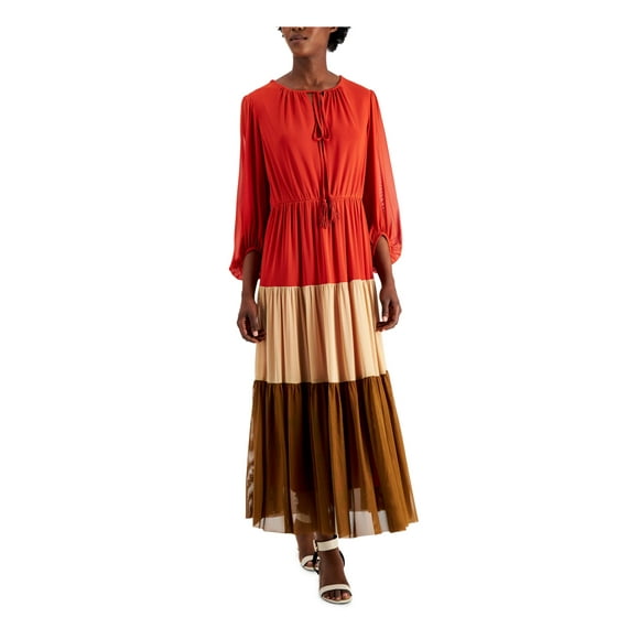 TAYLOR Womens Orange Stretch Color Block Balloon Sleeve Tie Neck Maxi Wear To Work Dress 12