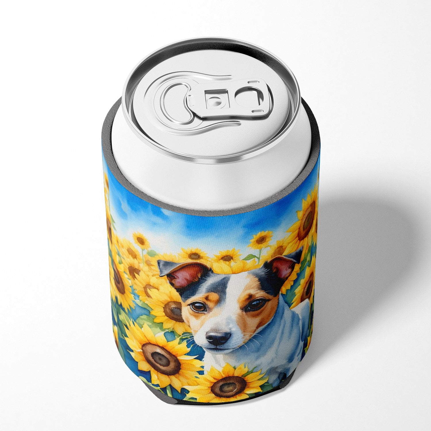 Jack Russell Terrier in Sunflowers Can or Bottle Hugger 3 in x 5 in