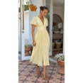 thumbnail image 2 of Women'S Elegant V Neck Solid Puff Sleeve Button Lady Beach Party Dress Yellow M, 2 of 8