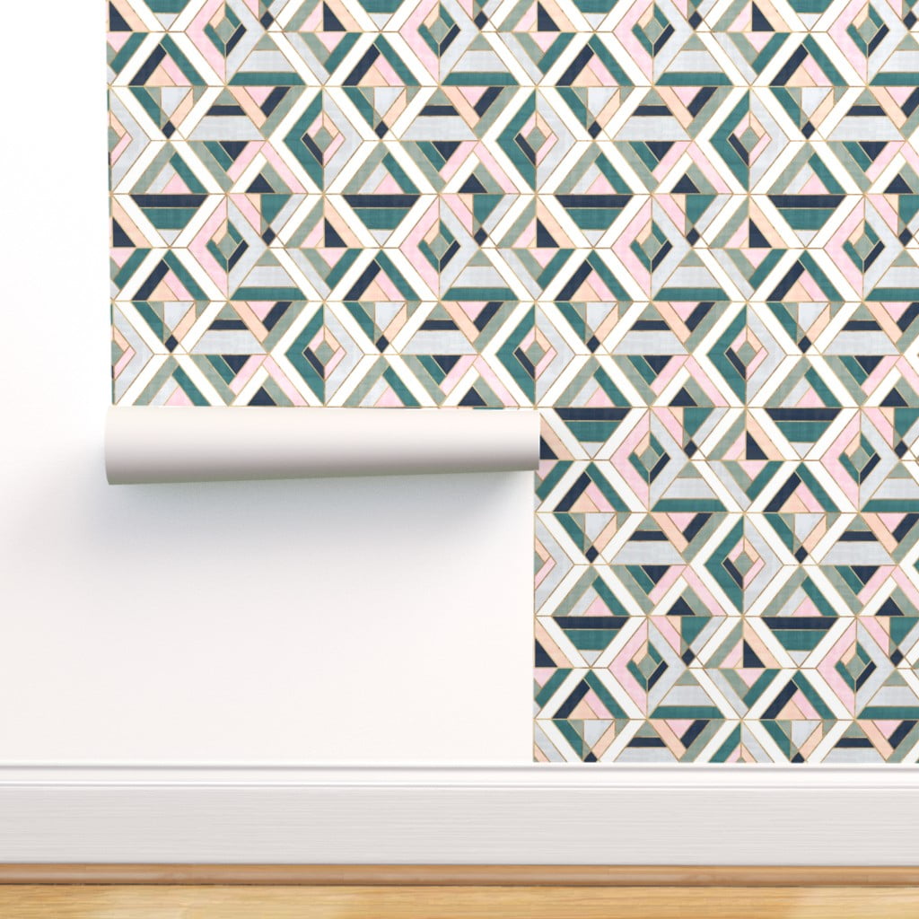 Removable Water-Activated Wallpaper Geometric Geo Retro Vintage Grey Square 