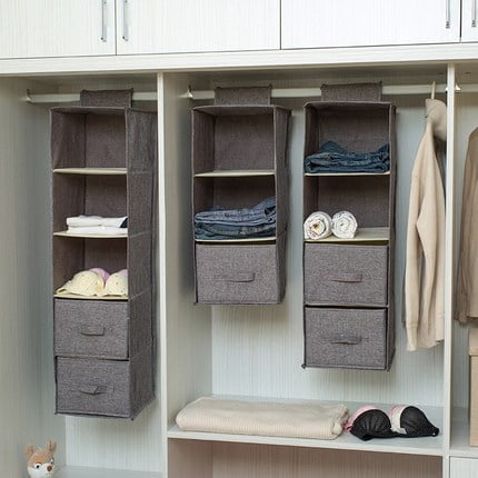 Hanging Wardrobe Storage Organiser Hanging Storage with 3/5 Shelves Cotton Drawer Organizer Hanging Clothes Storage Box Eco- Friendly Cotton Linen for Shoes 24.6x24.6x18.5cm,Drawer Boots Handbags 