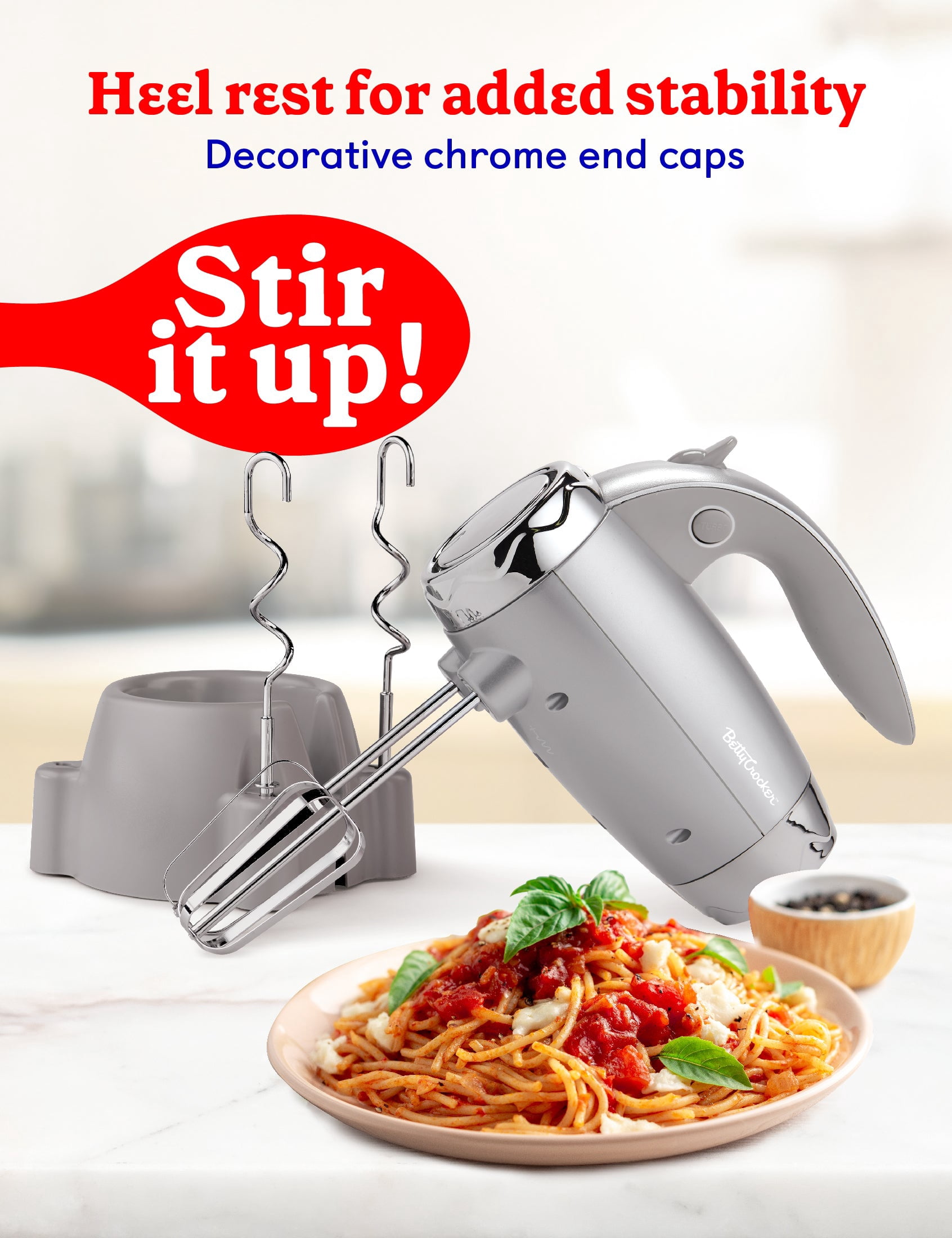 Betty Crocker 7-Speed Corded Electric Power Up Hand Mixer with Stand (Silver), BC-4208S