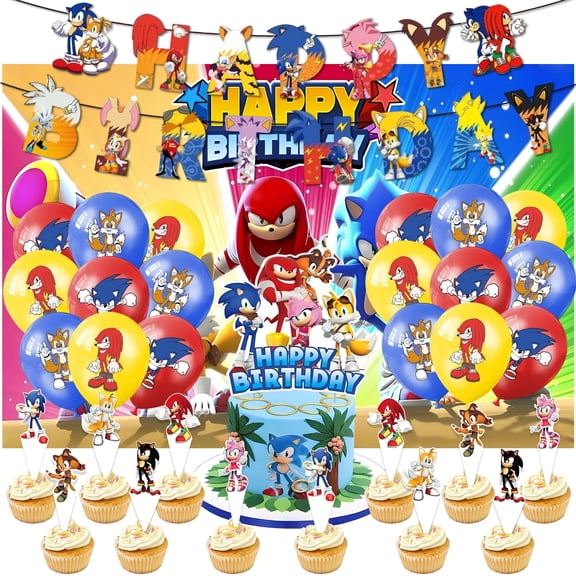 Raveparty Sonic Birthday Party Supplies and Decorations, 33Pcs Sonic Birthday Party Decorations Set Include Themed Backdrop, Banner, Balloons, Cupcake Toppers for kids Birthday Party