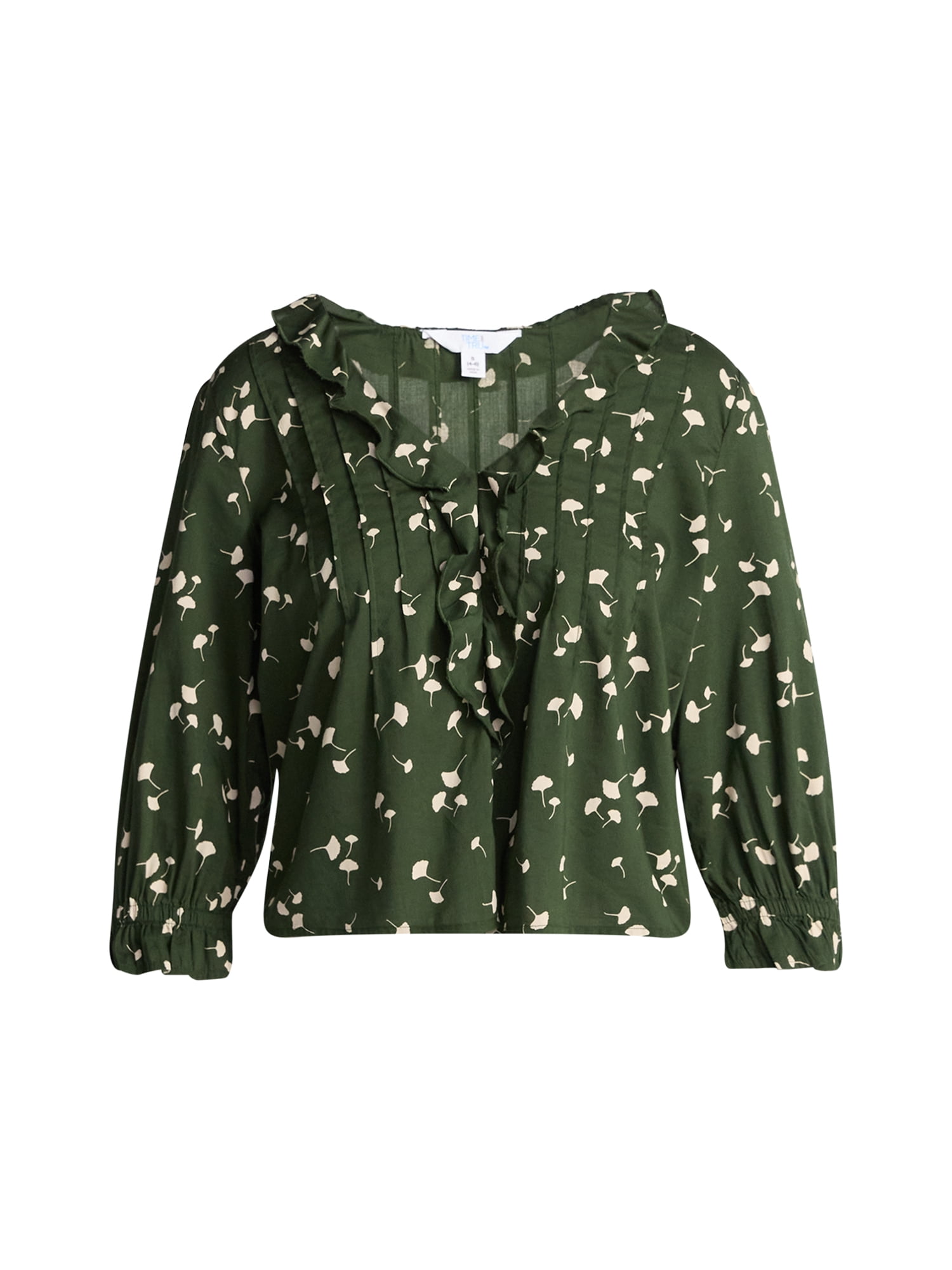 Time and Tru Women's Ruffle Neck Blouse with 3/4-Length Sleeves, Sizes XS-XXXL