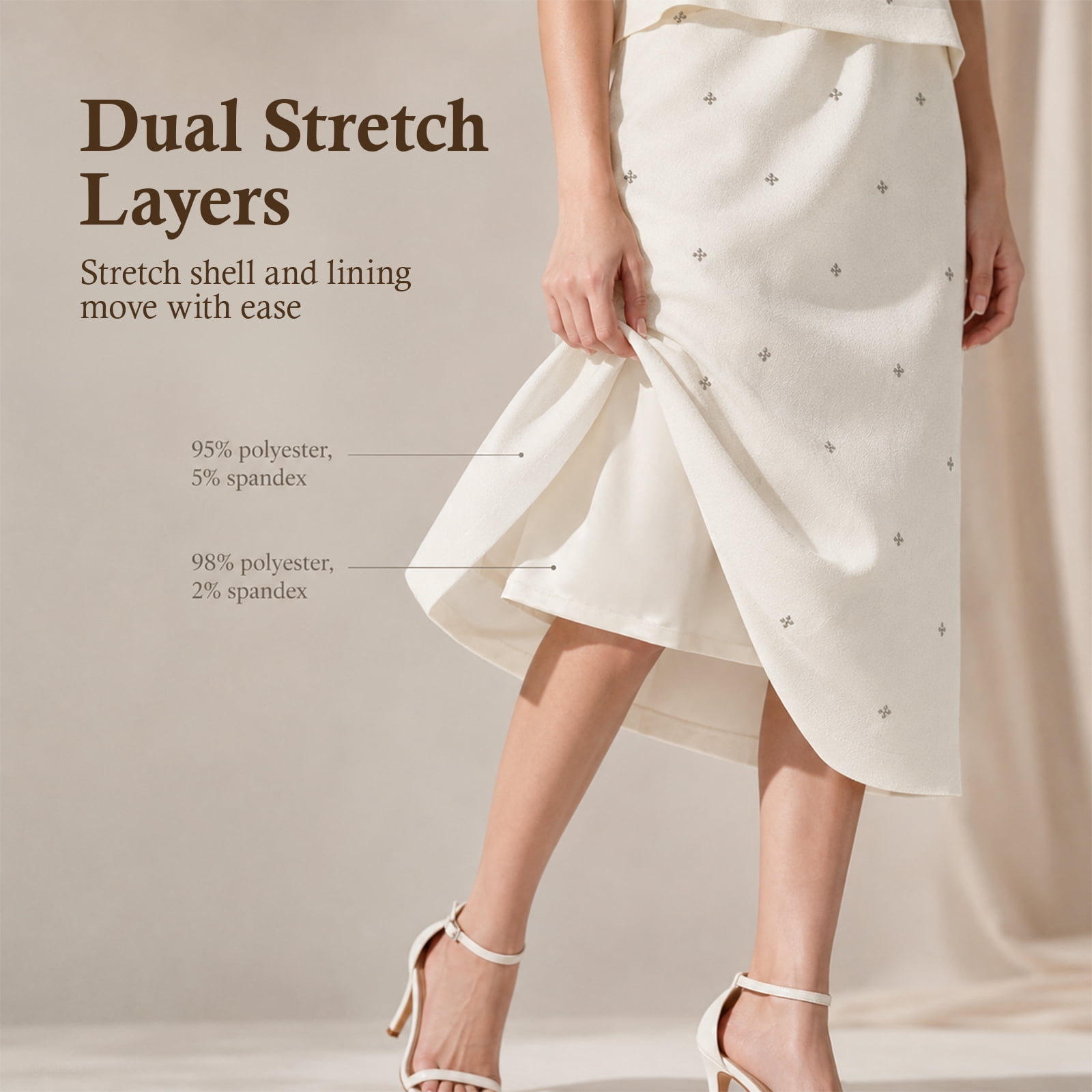 Alvantor Women's Embellished Midi Skirt, Gathered Pull-On Waist with Stretch Lining, Ivory