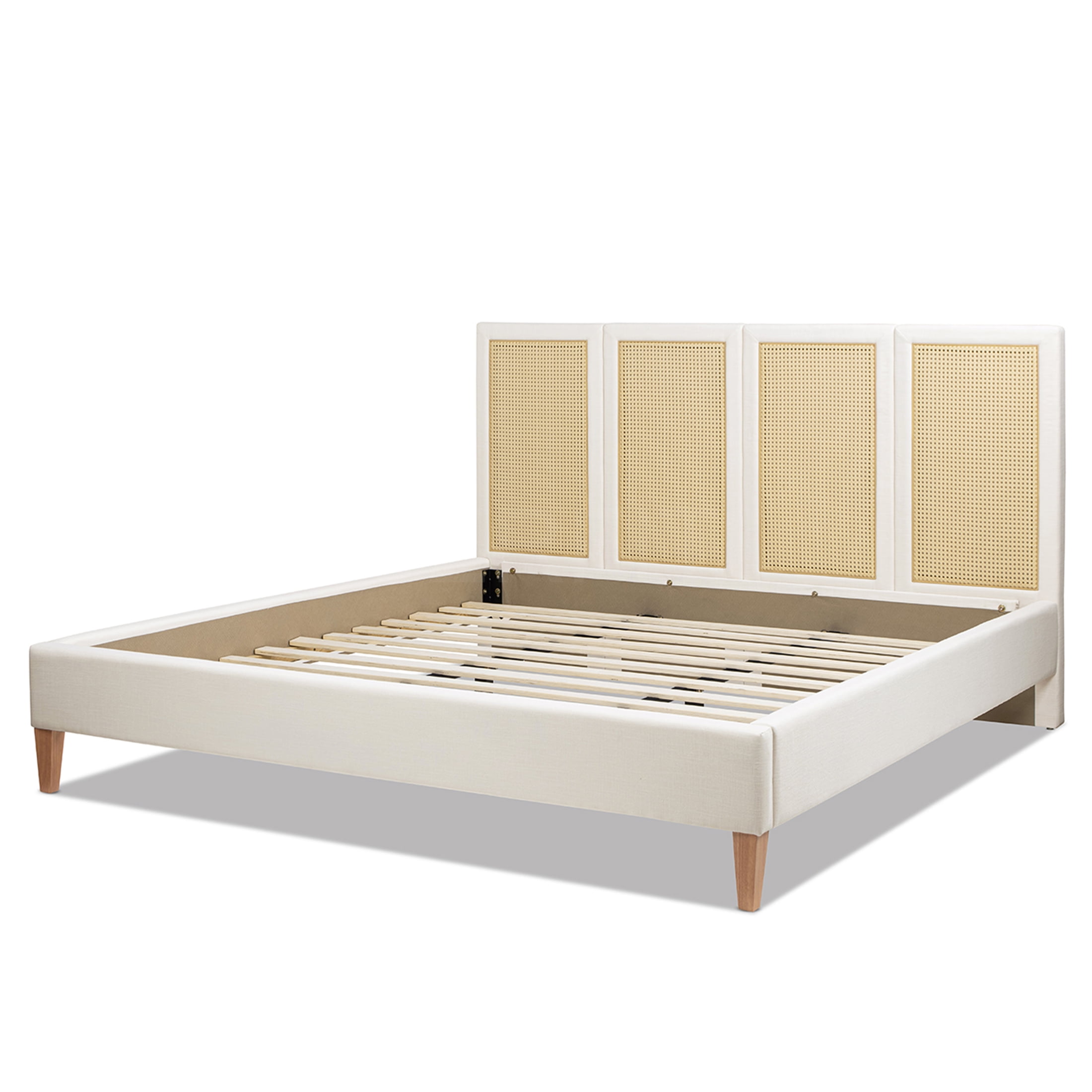 JERFIT King Size Upholstered Platform Bed Frame with Cane Rattan Headboard, Bohemian Coastal Bedroom Furniture in Antique White