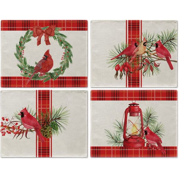 JOOCAR Christmas Placemats, Red Buffalo Plaid Cardinal Bird Wreath Pine Christmas Placemats for Home Table Festive Decor Rectangular Placemats Set of 4