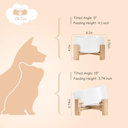 15° Slanted Ceramic Dog and Cat Bowl with Wooden Stand, Tilted Bulldog Food and Water Bowl No Slip Non-Spill for Cats Medium Dogs Big Face Pets 28.7 OZ (3.6 Cups, White)