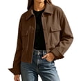 thumbnail image 2 of ClodeEU Women's Lapel Collar Button Down Cropped Jacket with Pockets,Casual Loose Vintage Outerwear Coat Brown,Women's Plus S, 2 of 8