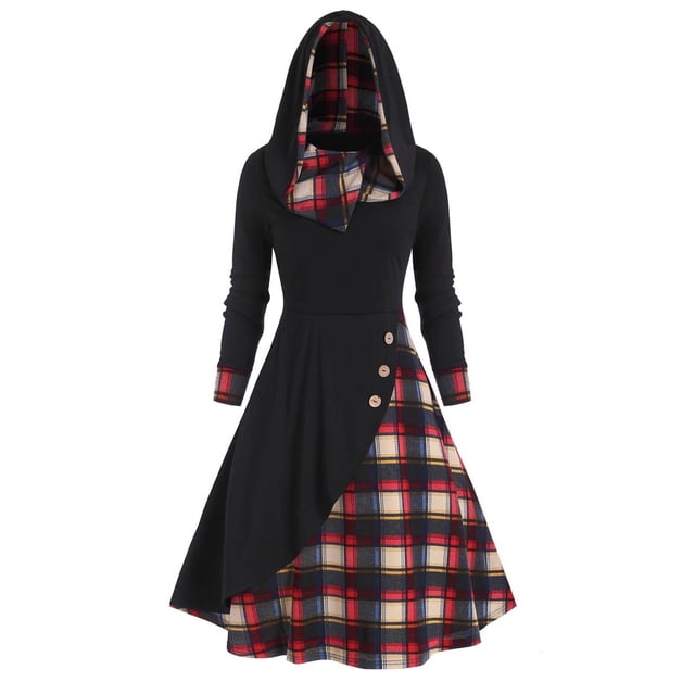 Robes Maxi à Manches Longues pour Femmes à Carreaux Color Block Splic Chandail à Capuchon Décontracté Ample Robe Chandail