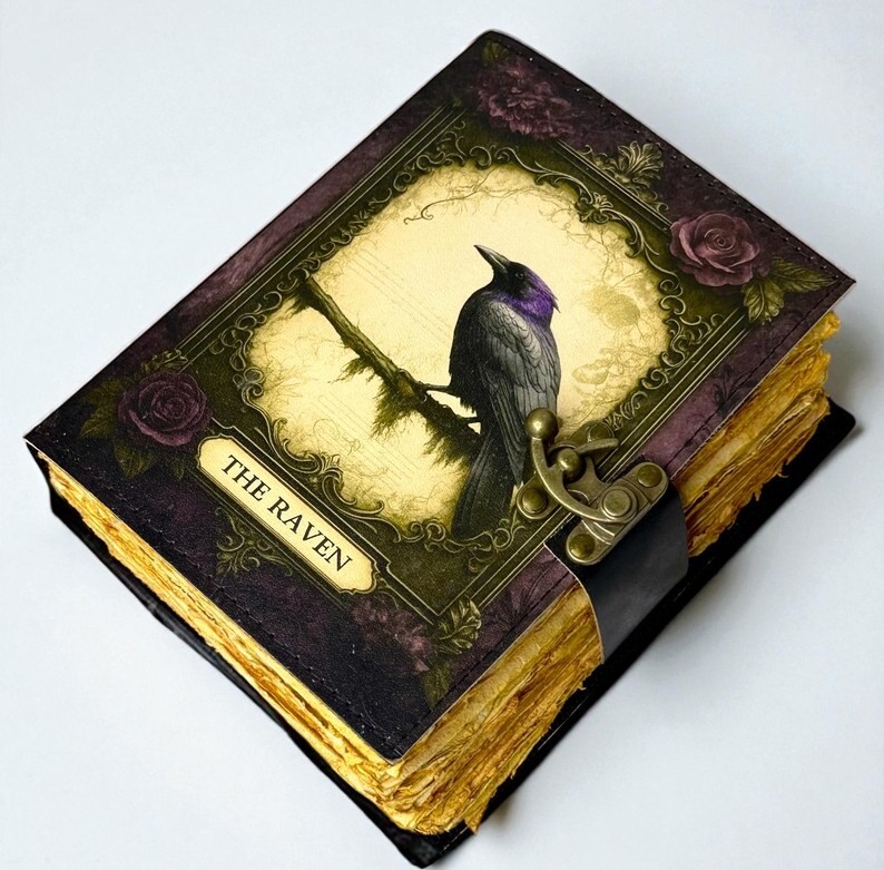 Handmade Leather Journal with Vintage Crow Artwork – 5x7 inch Notebook, 200 Handmade Papers, Antique Lock, Sketchbook & Gift Journal