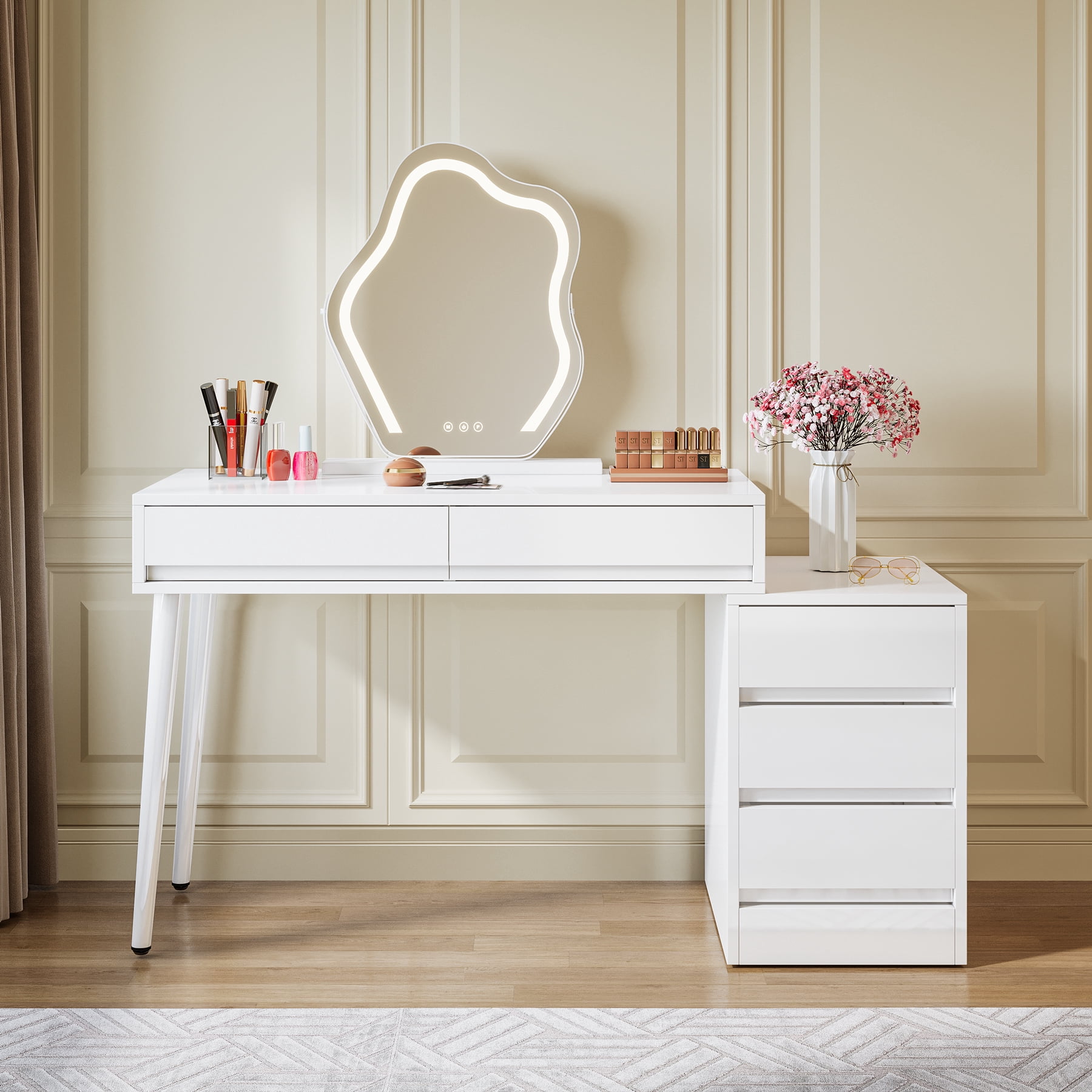 Tribesigns White Desk with Drawers, Modern Home Office Desk with Storage Drawers and Printer Stand, Reversible Computer Desk Vanity Desk for Bedroom, Living Room