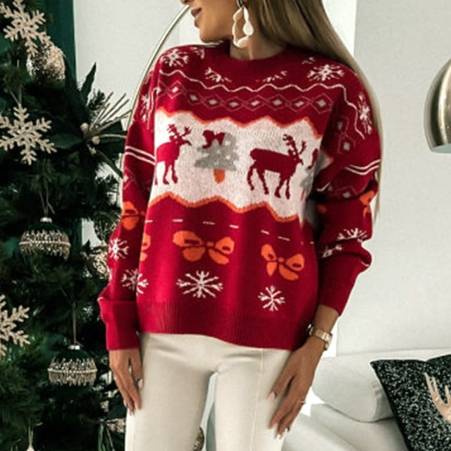 Aboser Chandails Courts pour Femmes 2024 Mignons Laids Chandail de Noël Ample à Manches Longues chandail d'Automne Décontracté Col Rond Tricoté Hauts Confortables Tricot de Vacances