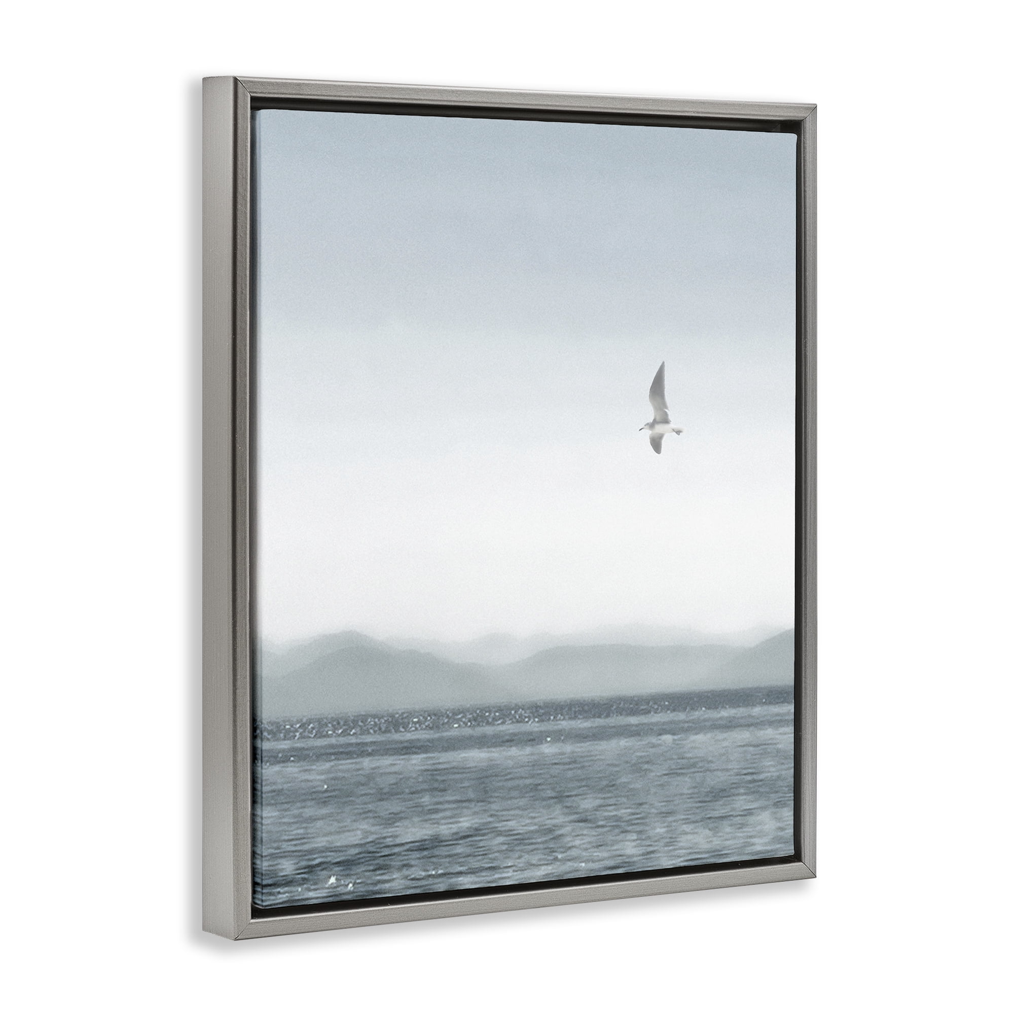Stupell Industries Lone Gull over Sea Coastal Painting Gray Floater Framed Canvas Art Print Wall Art, 17 x 21